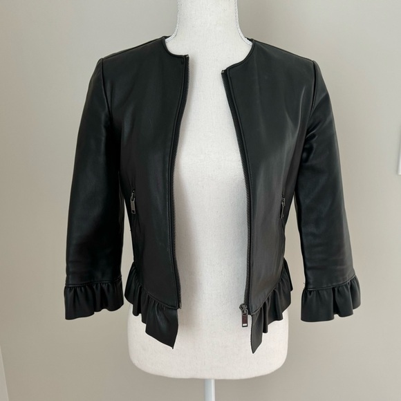 Zara Peplum Ruffled Faux Leather Cropped Zip Up Frill Jacket XS - Picture 8 of 15